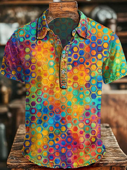 Pop Art Colored Cube Print Casual Short-Sleeve Polo Shirt
