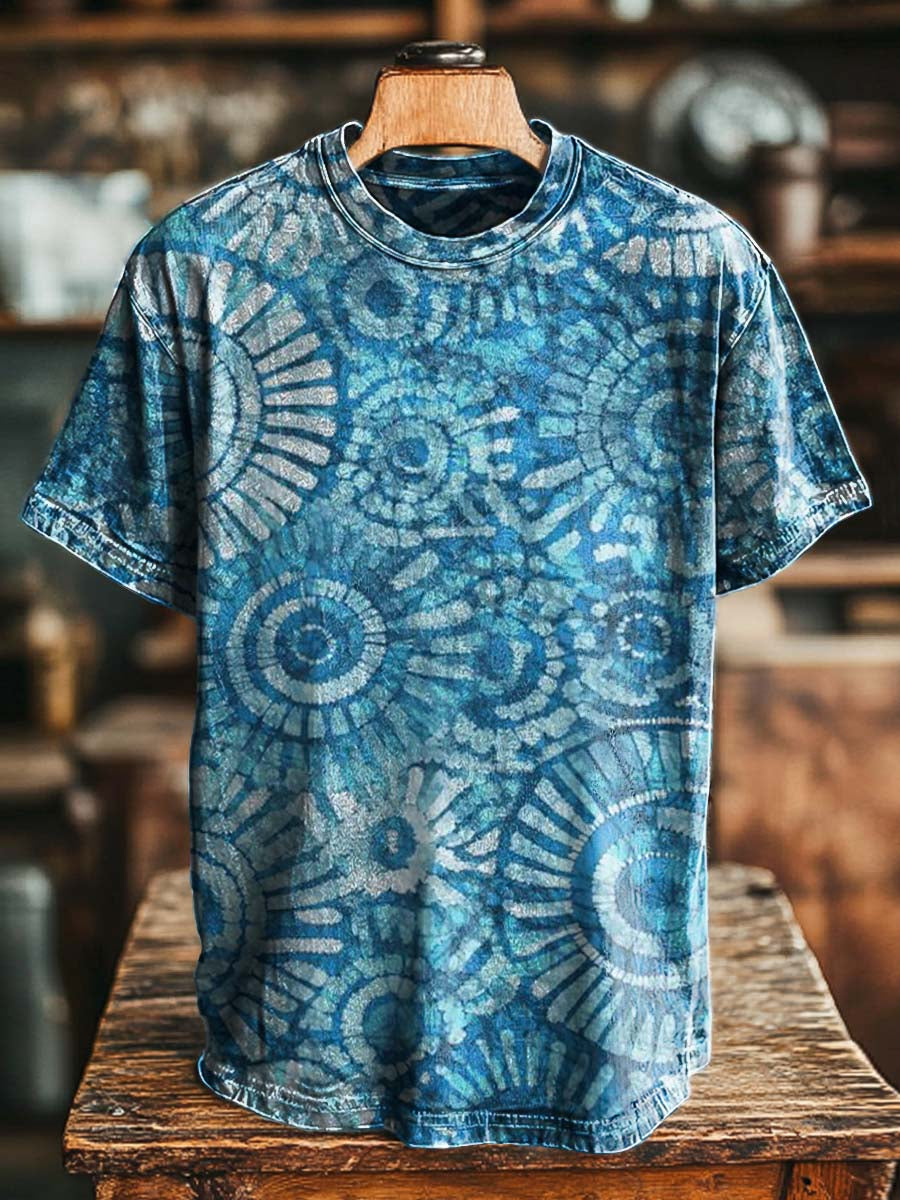 Indigo Totem Print Casual Short-Sleeved T-Shirt