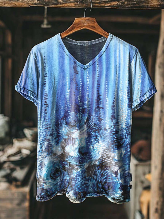 Gradient Floral Print Casual Short-Sleeved V-Neck T-Shirt