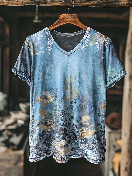 Gradient Floral Print Casual Short-Sleeved V-Neck T-Shirt