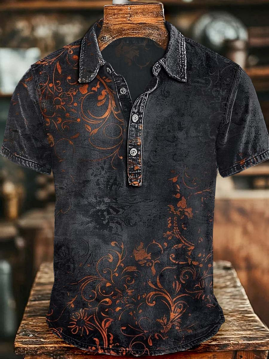 Retro Floral Print Casual Short-Sleeved Polo Shirt