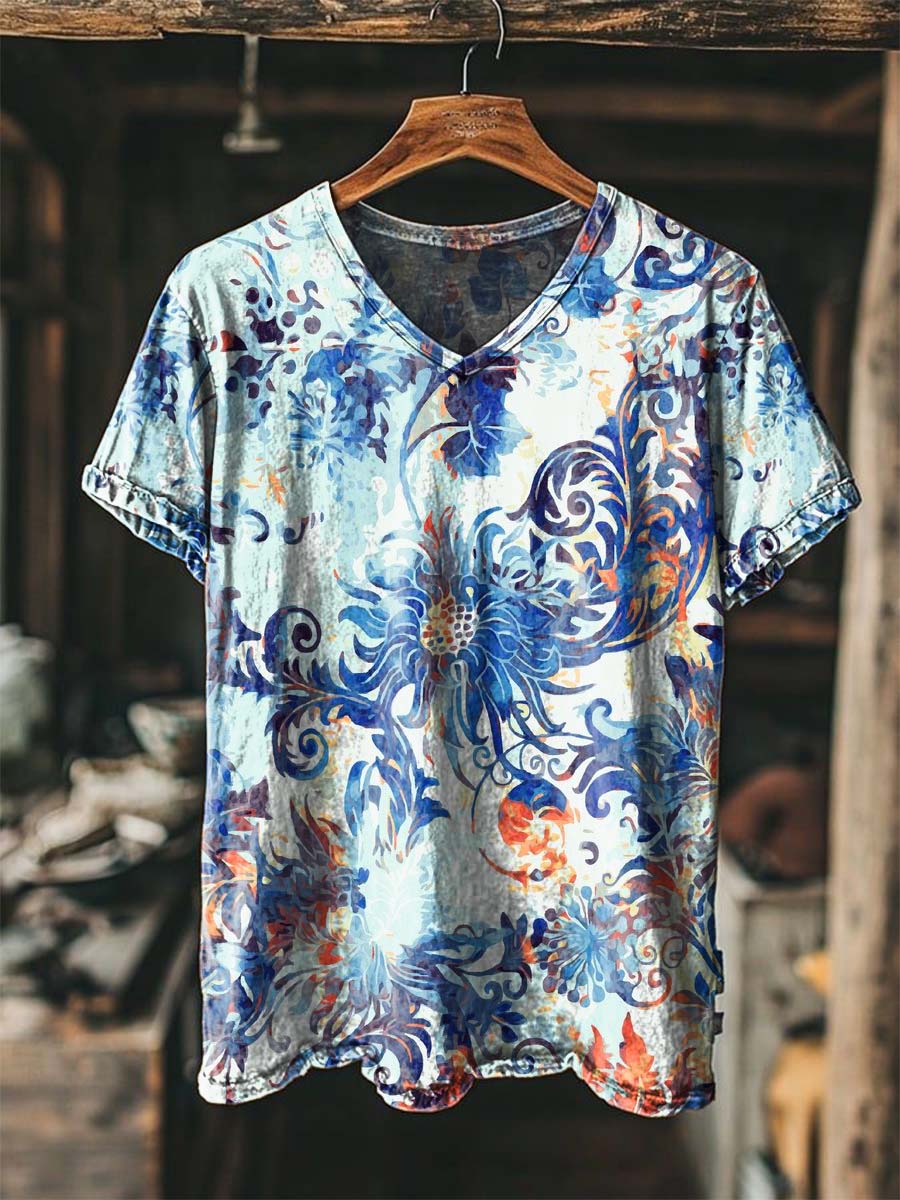 Retro Floral Print Casual Short-Sleeved V-Neck T-Shirt