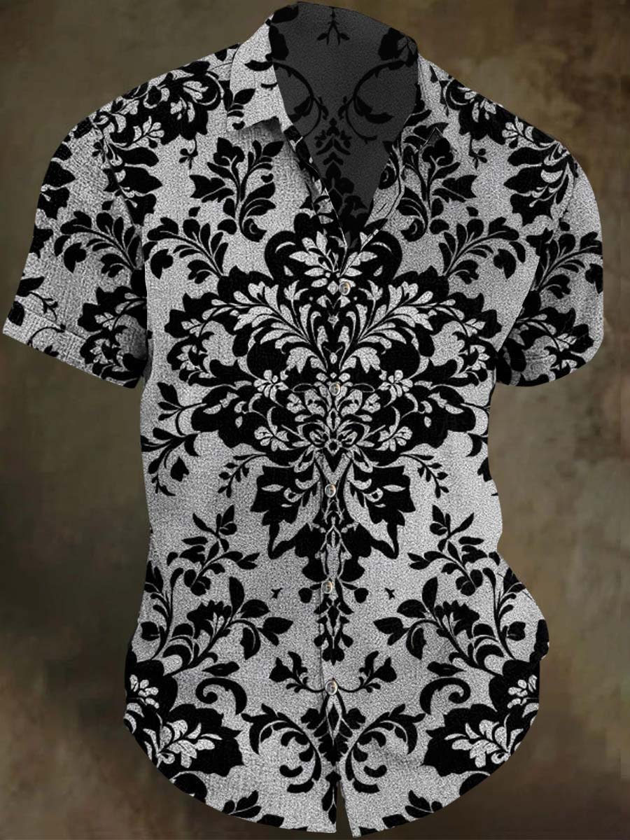 Damask-Patterned Printed Casual Short-Sleeve Shirt