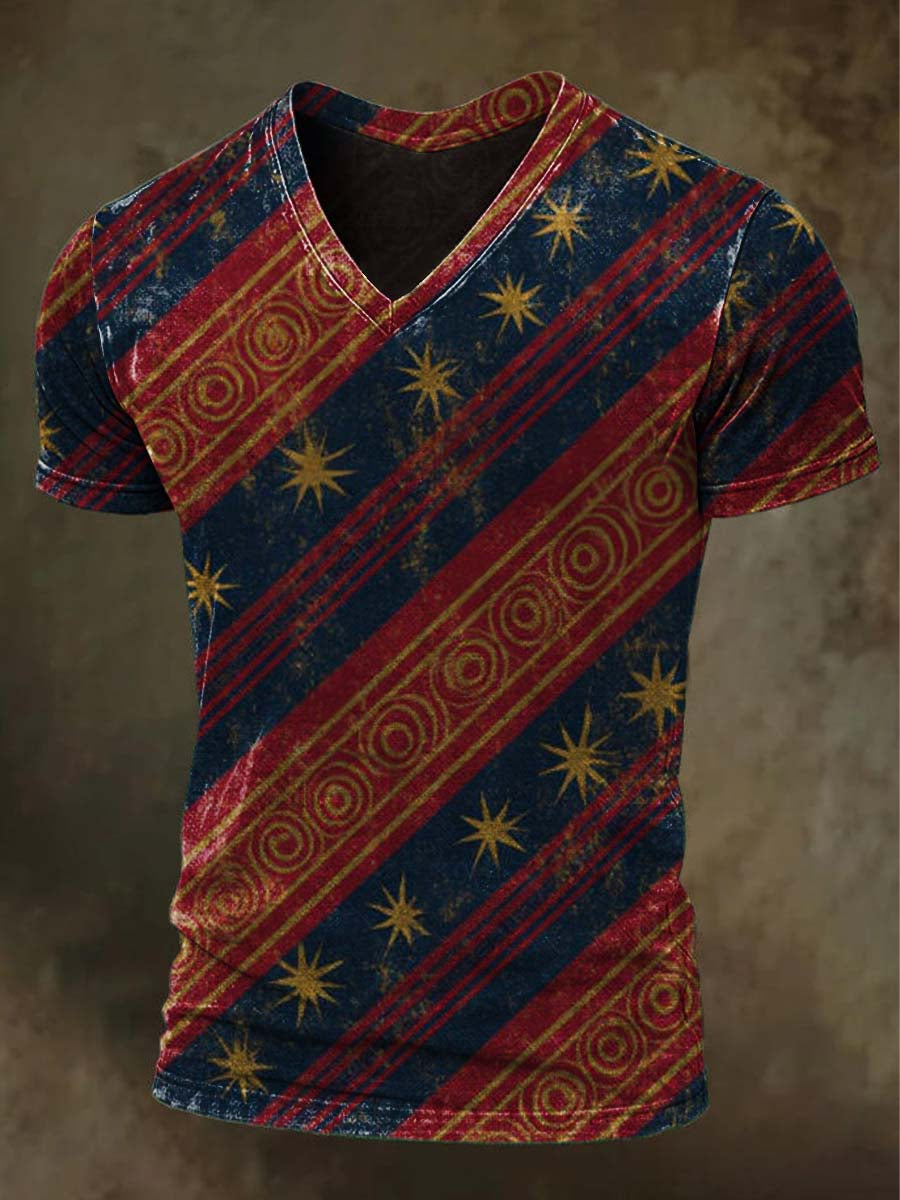 Retro Star-and-Stripe Twill Print Casual Short-Sleeve V-Neck T-Shirt
