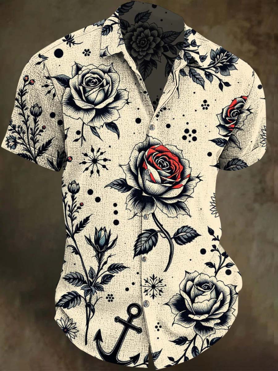 Retro Rose Floral Print Casual Short-Sleeve Shirt