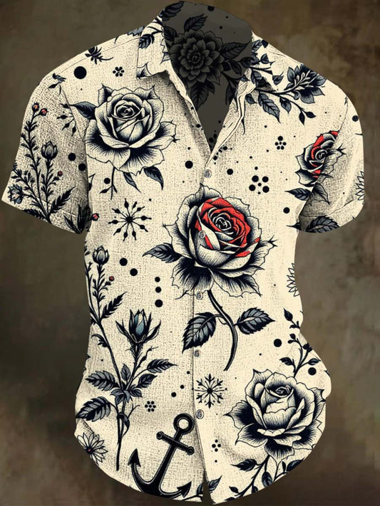 Retro Rose Floral Print Casual Short-Sleeve Shirt