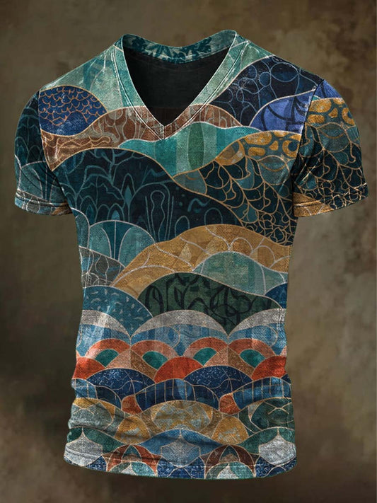 Artistic Retro-Style Landscape Print: Casual Short-Sleeve V-Neck T-Shirt