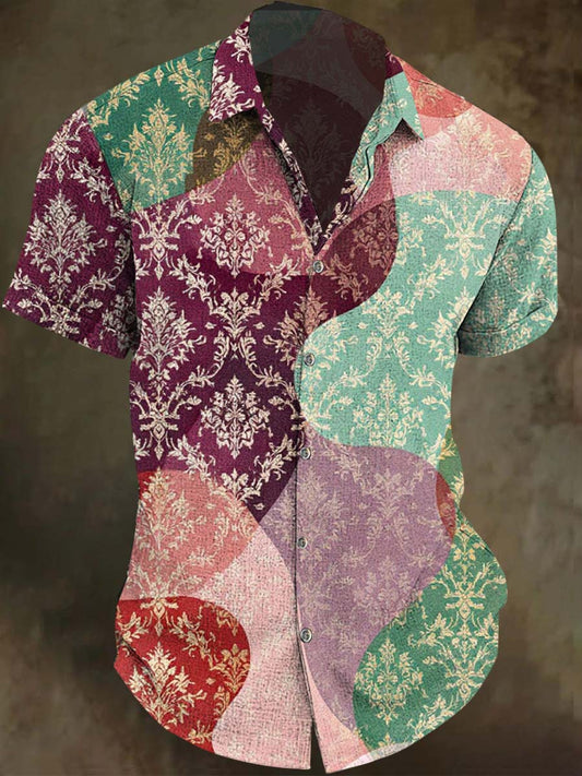 Colorful Color-block European-Style Pattern Printed Casual Short-Sleeve Shirt