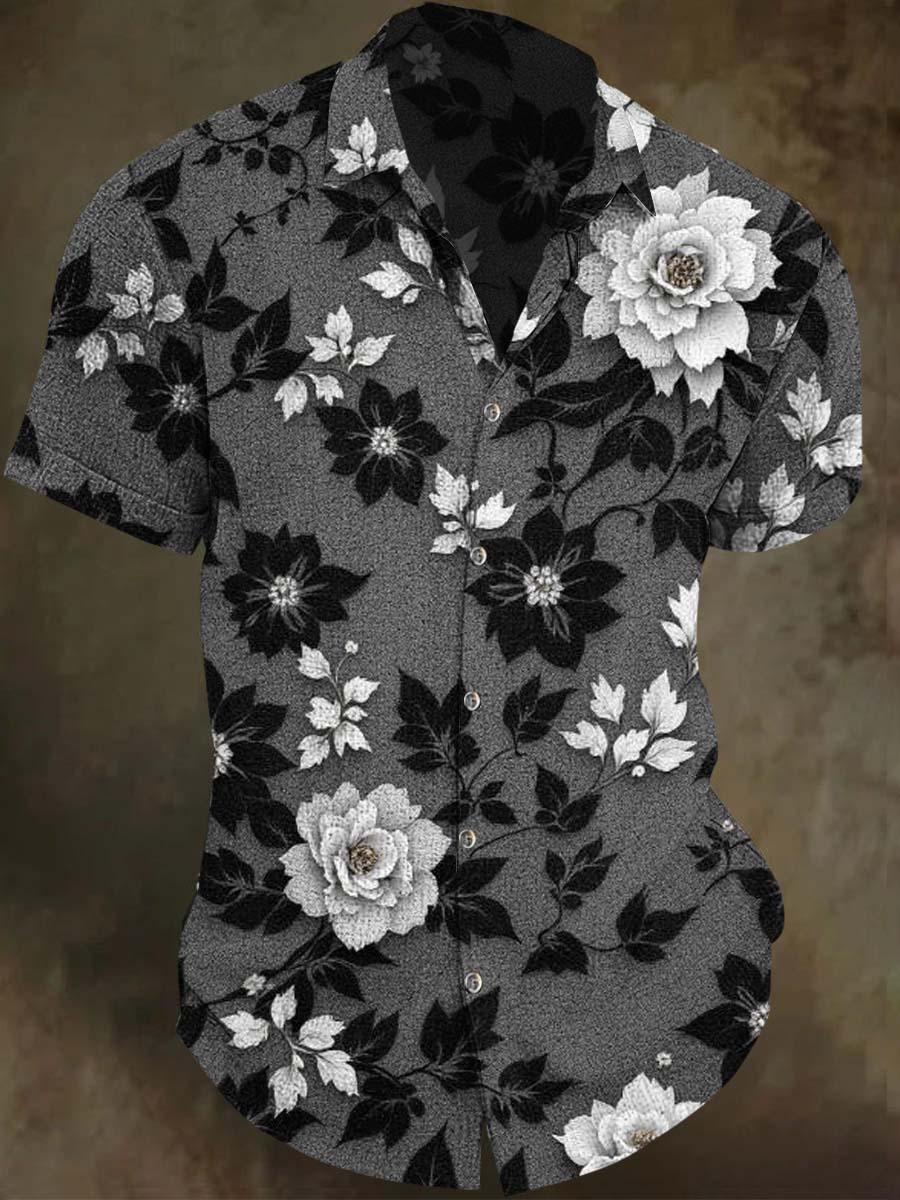 Floral and Vine Print Casual Short-Sleeve Shirt