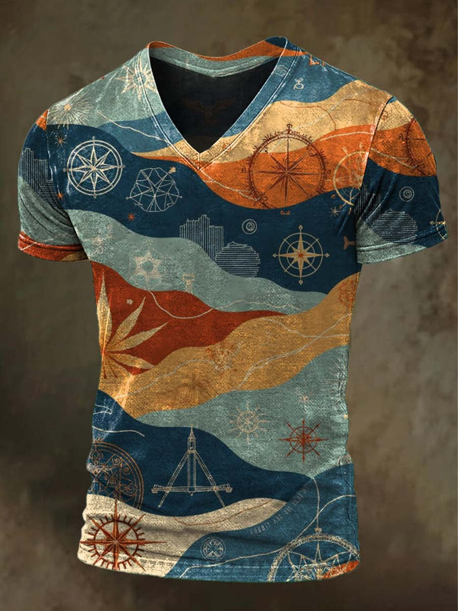 Retro Nautical Map & Wave Print Casual Short-Sleeve V-Neck T-Shirt