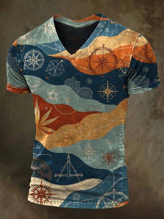 Retro Nautical Map & Wave Print Casual Short-Sleeve V-Neck T-Shirt