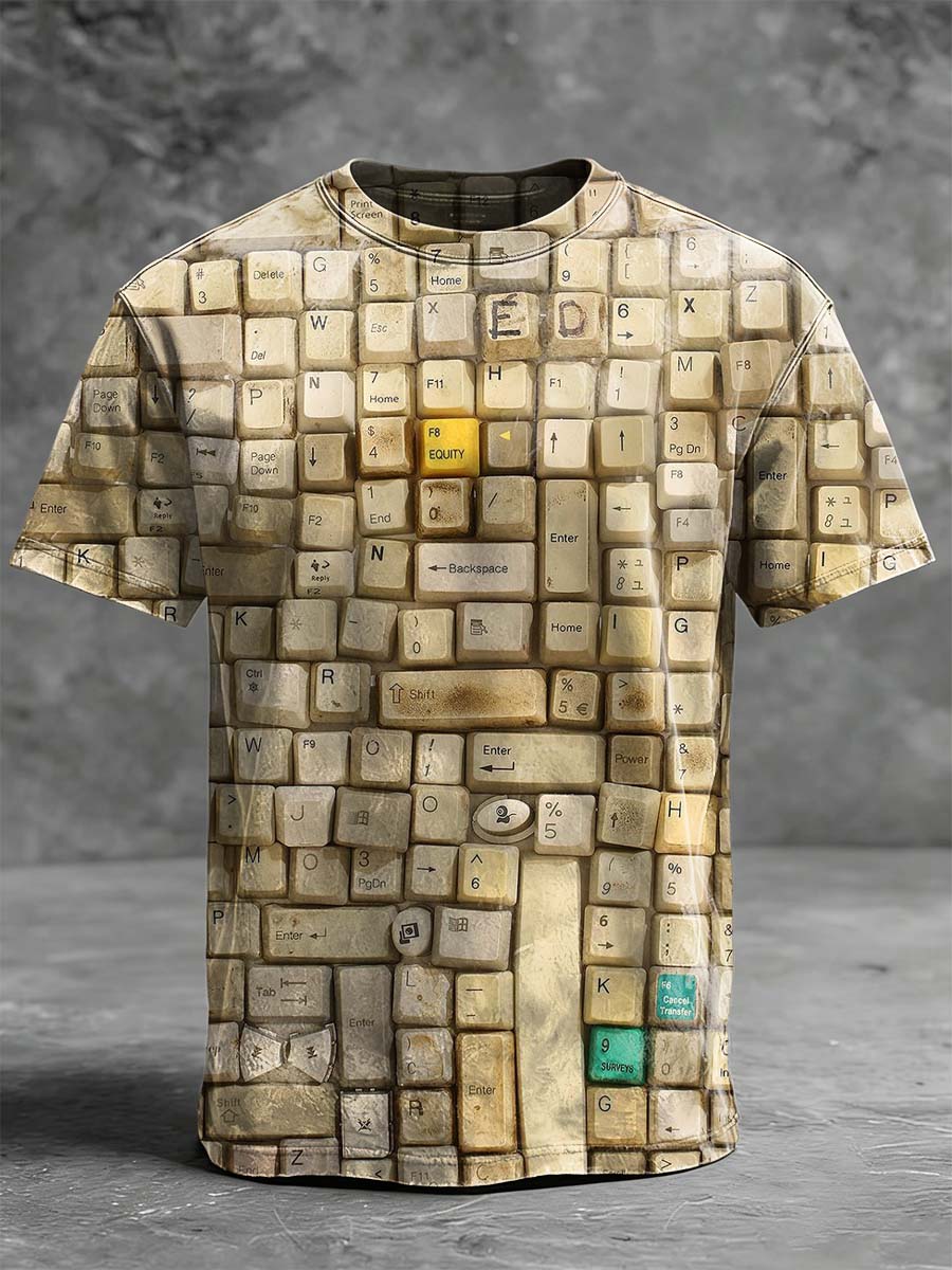 Vintage-Style Distressed Keyboard Print Casual Short-Sleeve T-Shirt