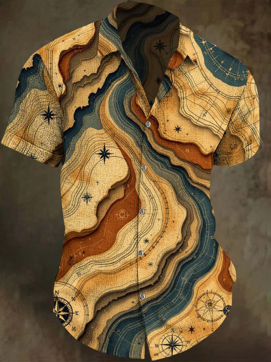 Retro Nautical Map Print Casual Short-Sleeve Shirt