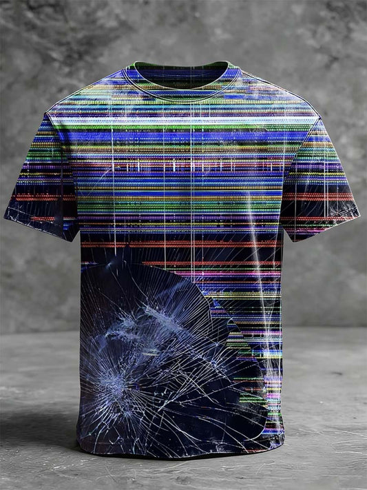 Glitch-Style Broken Screen Print Casual Short-Sleeve T-Shirt