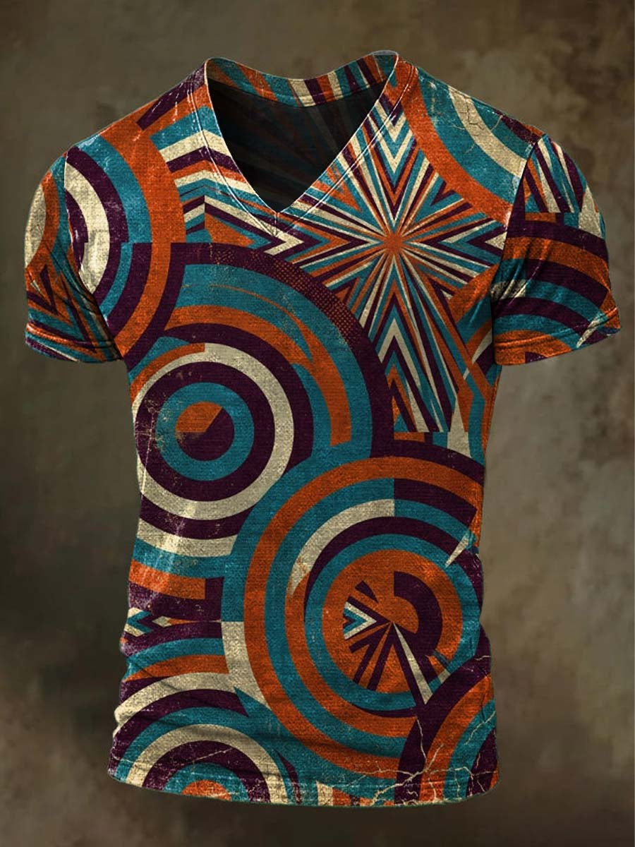 Ethnic Geometric Totem Print Casual Short-Sleeve V-Neck T-Shirt
