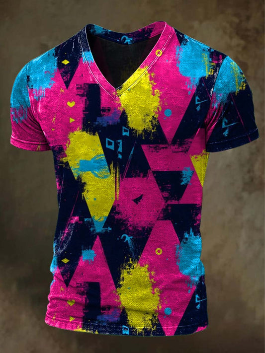 Neon Pop Graffiti Print Casual Short-Sleeve V-Neck T-Shirt