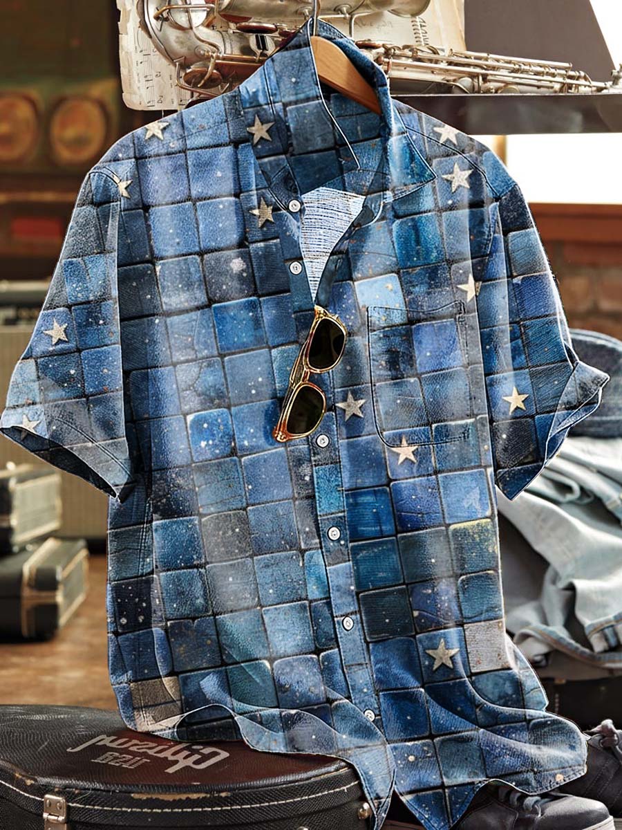 Denim-Style Patchwork & Stars-and-Stripes Print Casual Short-Sleeve Shirt