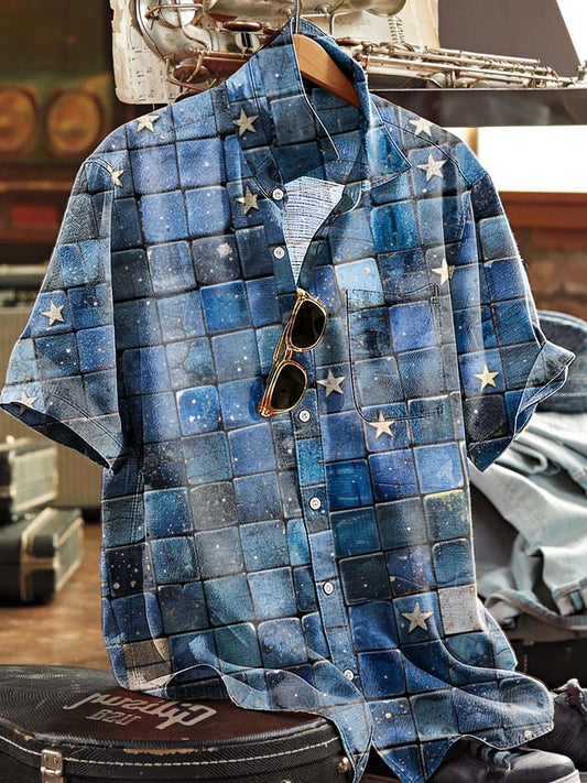 Denim-Style Patchwork & Stars-and-Stripes Print Casual Short-Sleeve Shirt
