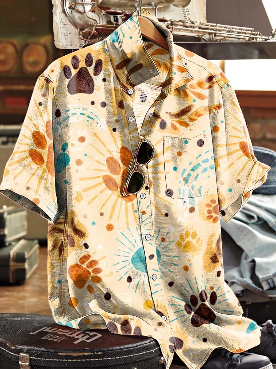 Vacation-Style Paw Print Pattern Casual Short-Sleeve Shirt