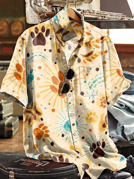 Vacation-Style Paw Print Pattern Casual Short-Sleeve Shirt