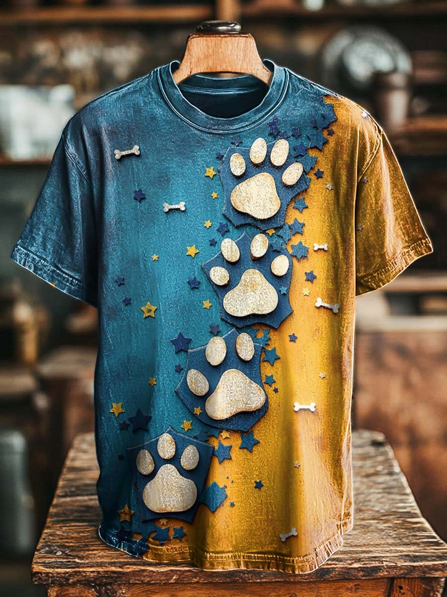 Distressed Paw Print & Star Graphic Casual Short-Sleeve T-Shirt