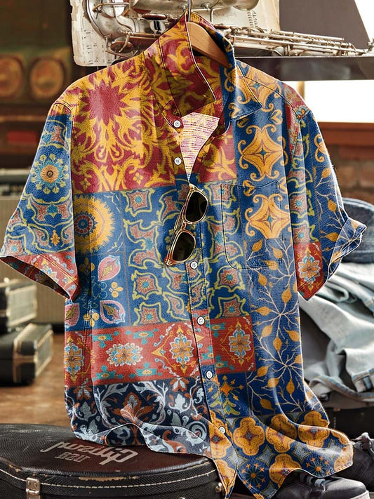Retro Patchwork Floral Print Casual Short-Sleeve Shirt
