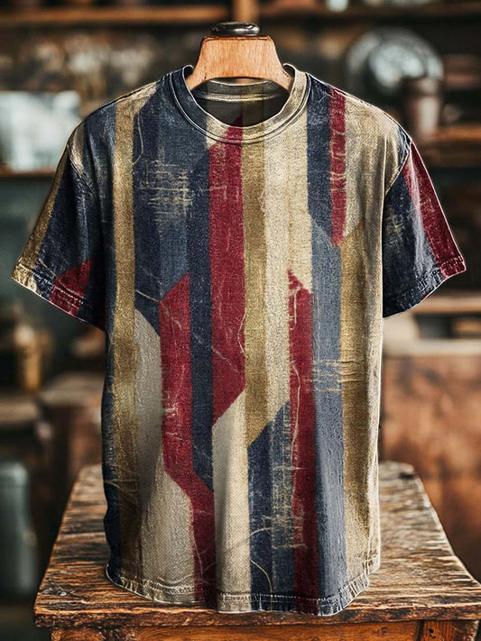Retro Diagonal Stripe Print Casual Short-Sleeve T-Shirt