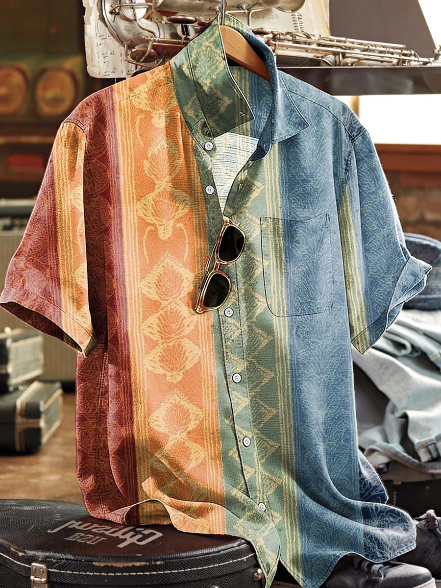 Ethnic-Stripe Patchwork & Printed Casual Short-Sleeve Shirt