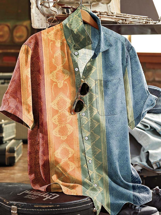 Ethnic-Stripe Patchwork & Printed Casual Short-Sleeve Shirt
