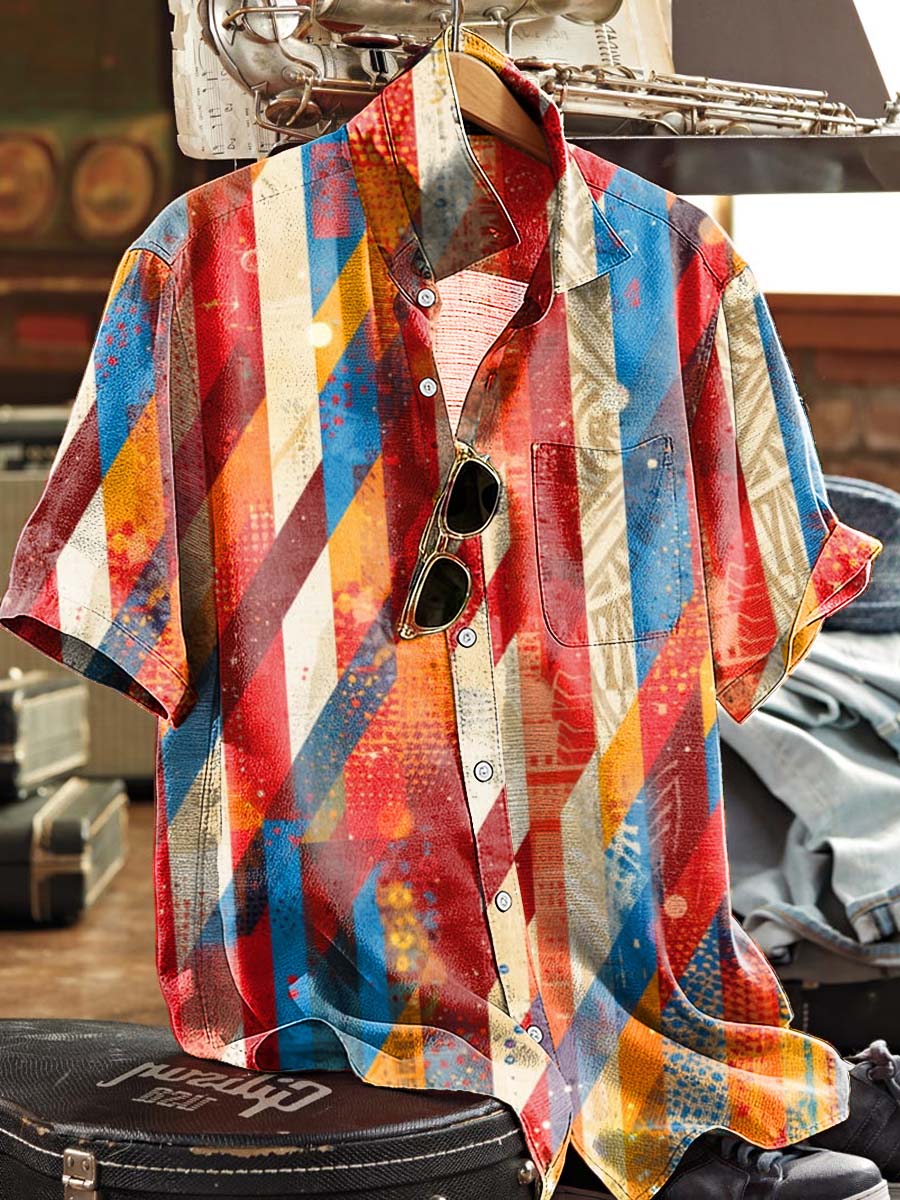 Abstract Geometric Color Block Print Casual Short-Sleeve Shirt
