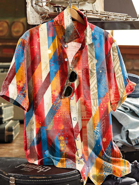 Abstract Geometric Color Block Print Casual Short-Sleeve Shirt