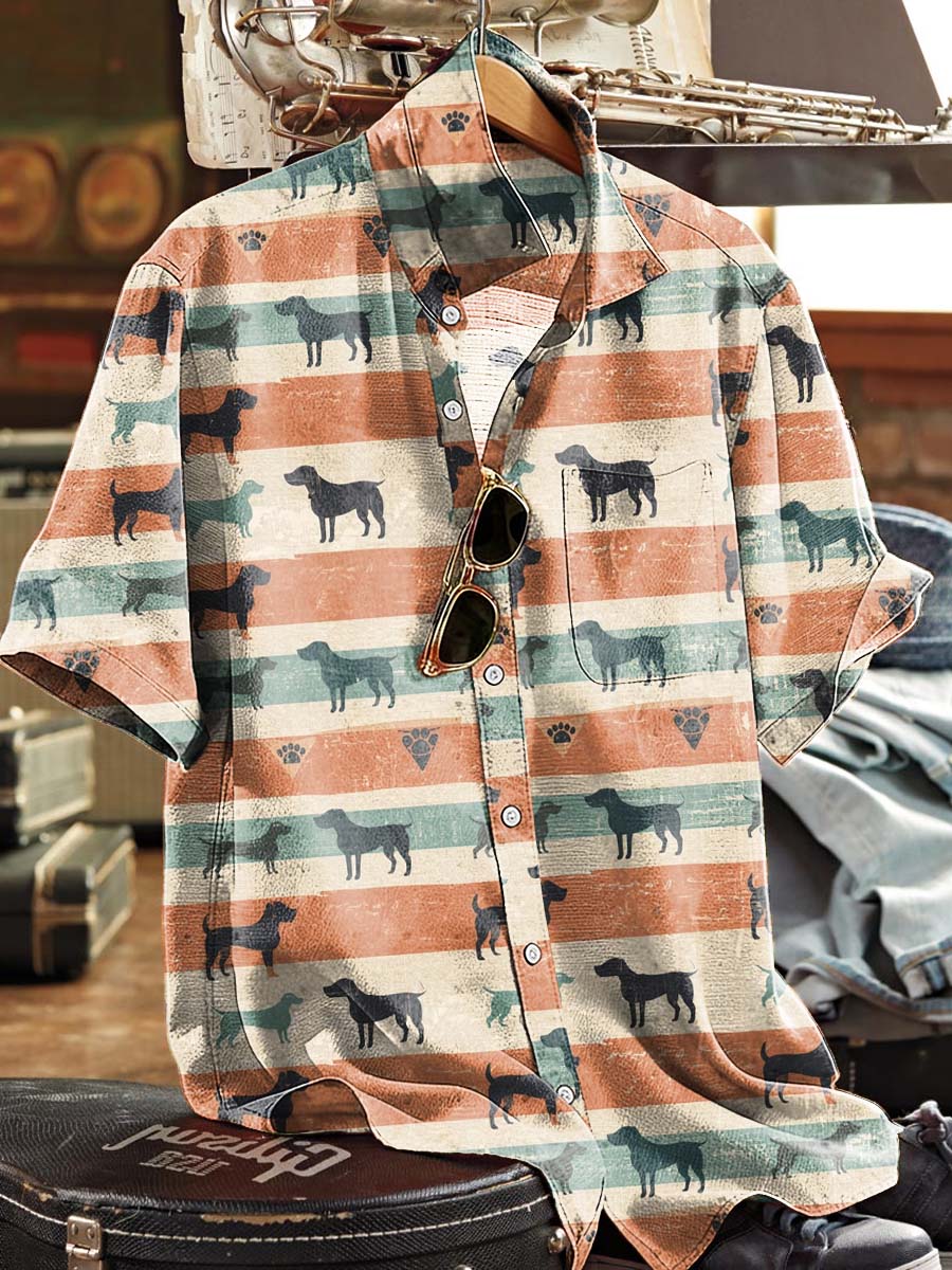 Distressed Dog & Stripe Print Casual Short-Sleeve Shirt