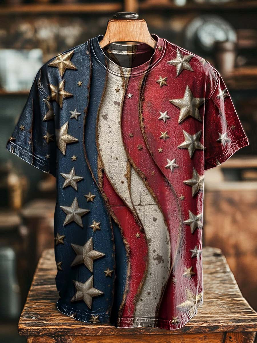 Distressed Star-and-Stripe Print Casual Short-Sleeve T-Shirt