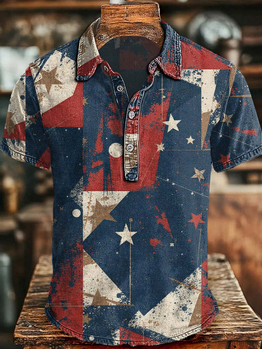 Distressed Star-and-Stripe Print Casual Short-Sleeve Polo Shirt