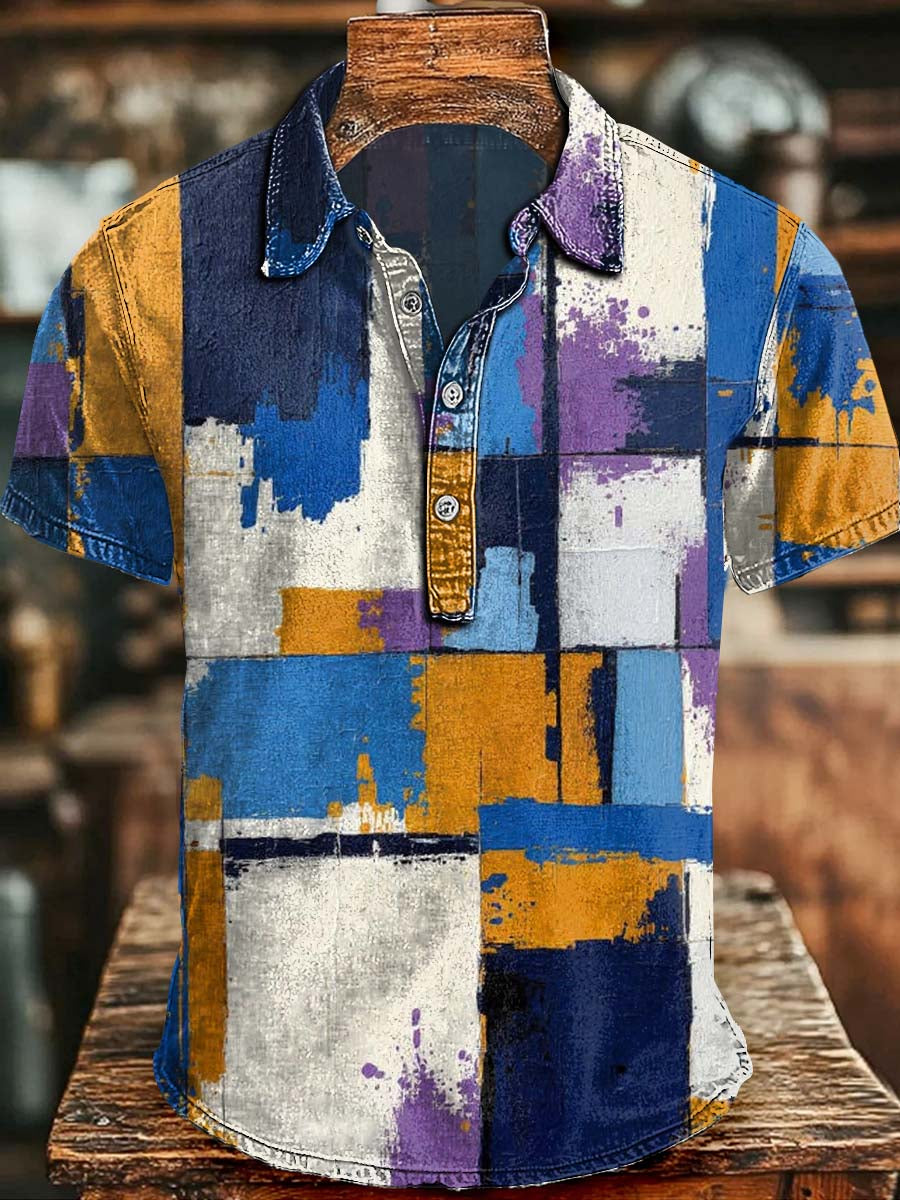 Abstract Color-Block Print Casual Short-Sleeve Polo Shirt