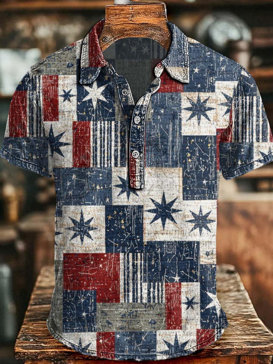 Patchwork Star-and-Stripe Print Casual Short-Sleeve Polo Shirt
