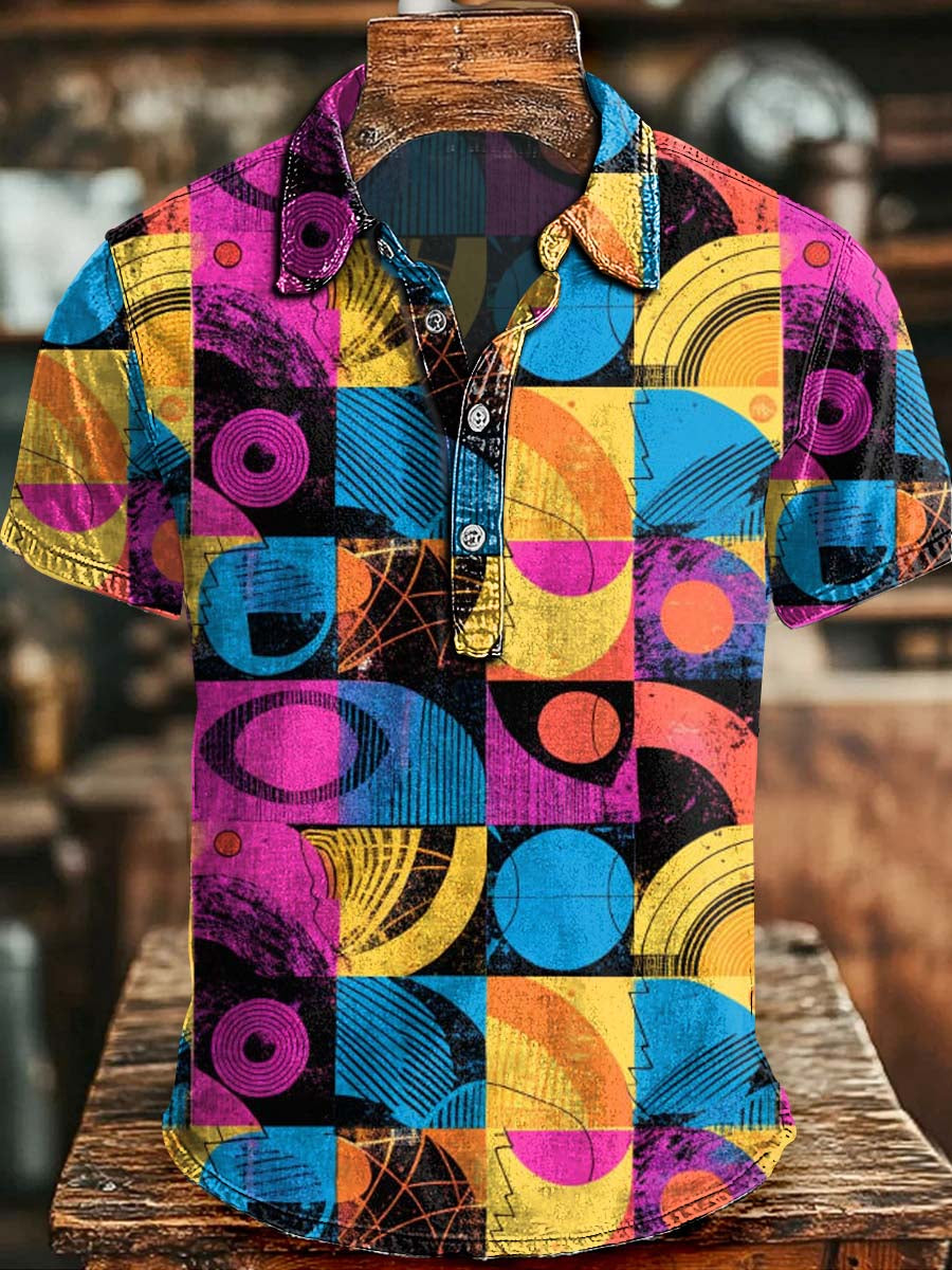 Geometric Pop-Art Print Casual Short-Sleeve Polo Shirt