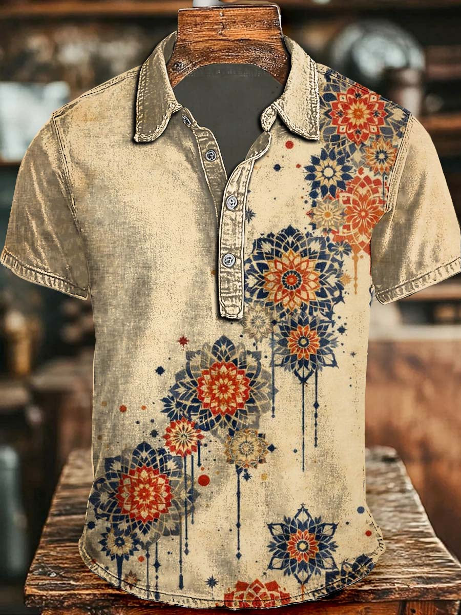 Mandala Floral Print Casual Short-Sleeve Polo Shirt