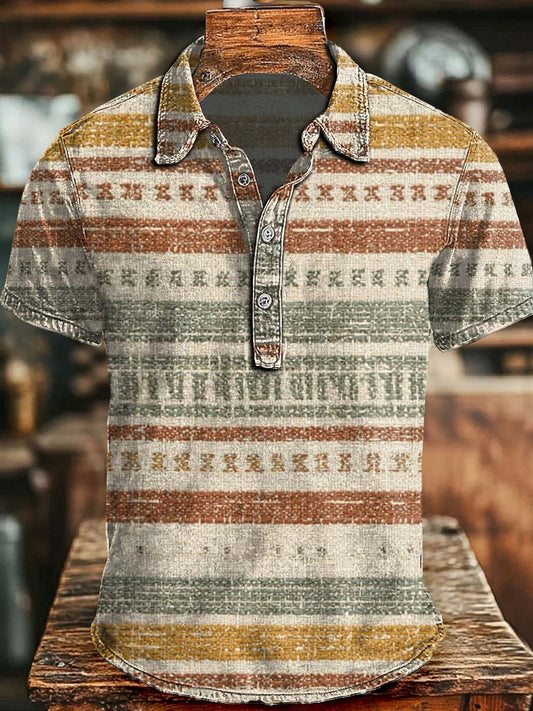 Retro Striped Printed Casual Short-Sleeve Polo Shirt