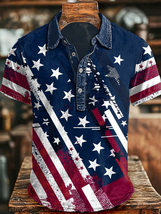 Independence Day Graffiti-Style Stars & Stripes Print Casual Short-Sleeve Polo Shirt