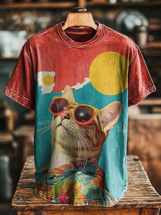 Retro Vacation Cat Print Casual Short-Sleeve T-Shirt