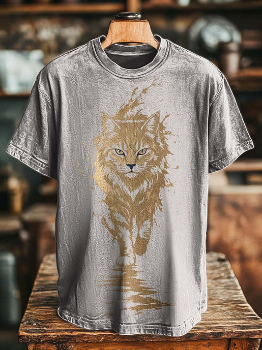 Gold Foil Cat Silhouette Printed Casual Short-Sleeve T-Shirt
