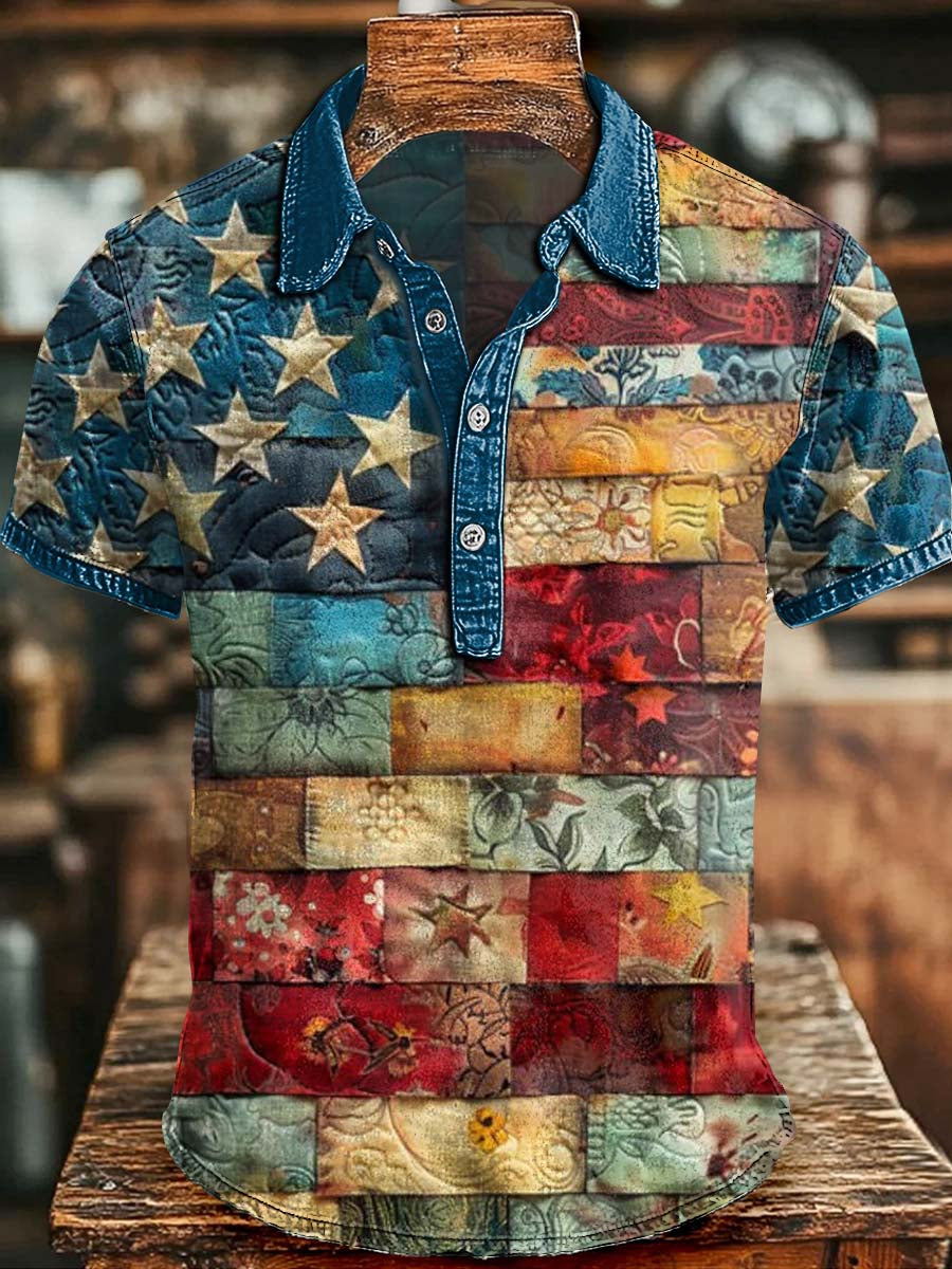 Independence Day Patchwork Flag Print Casual Short-Sleeve Polo Shirt