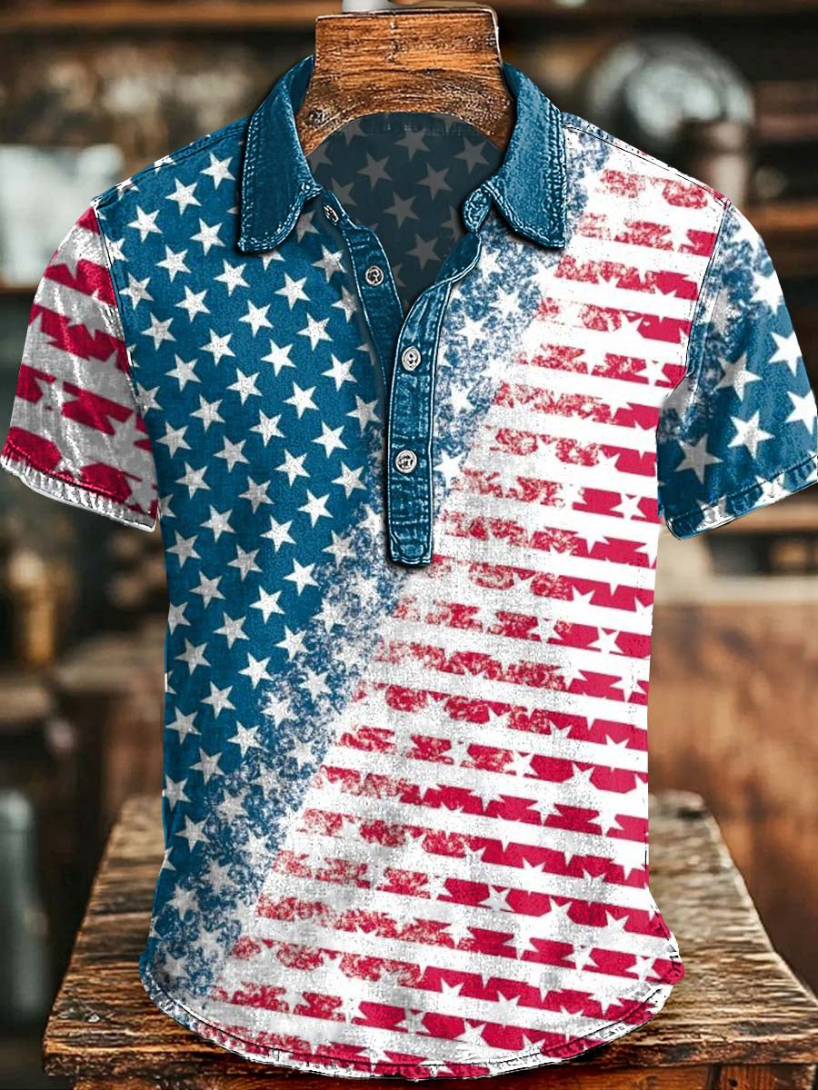 Independence Day Gradient Star-and-Stripe Print Casual Short-Sleeve Polo Shirt
