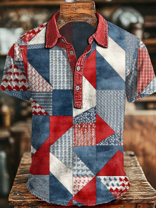 Independence Day Geometric Color-Block Printed Casual Short-Sleeve Polo Shirt