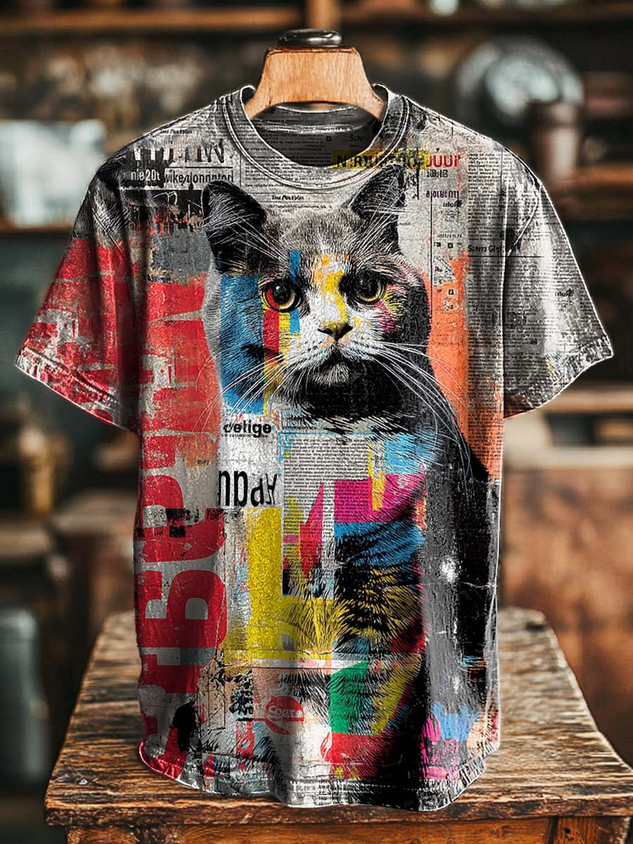 Pop Art Collage Cat Print Casual Short-Sleeve T-Shirt