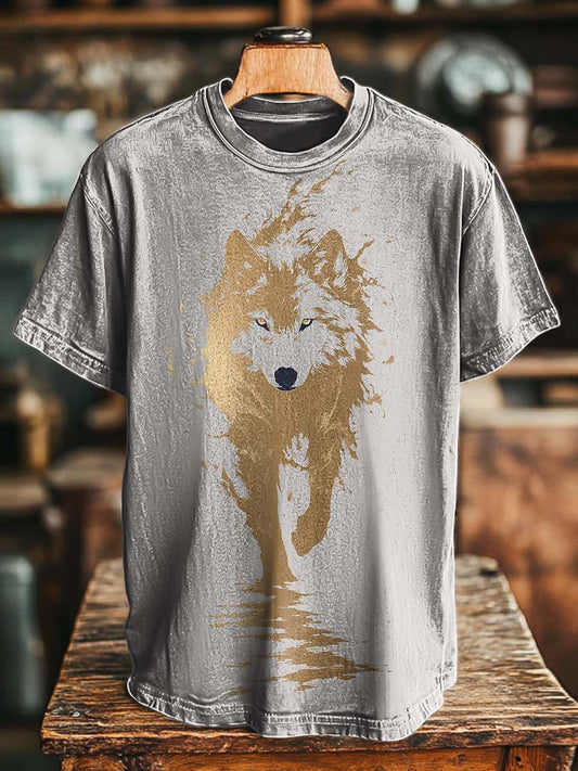 Gold Foil Wolf Silhouette Printed Casual Short-Sleeve T-Shirt