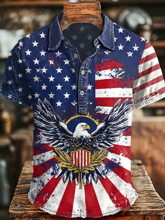 Independence Day Eagle & Stars-and-Stripes Print Casual Short-Sleeve Polo Shirt