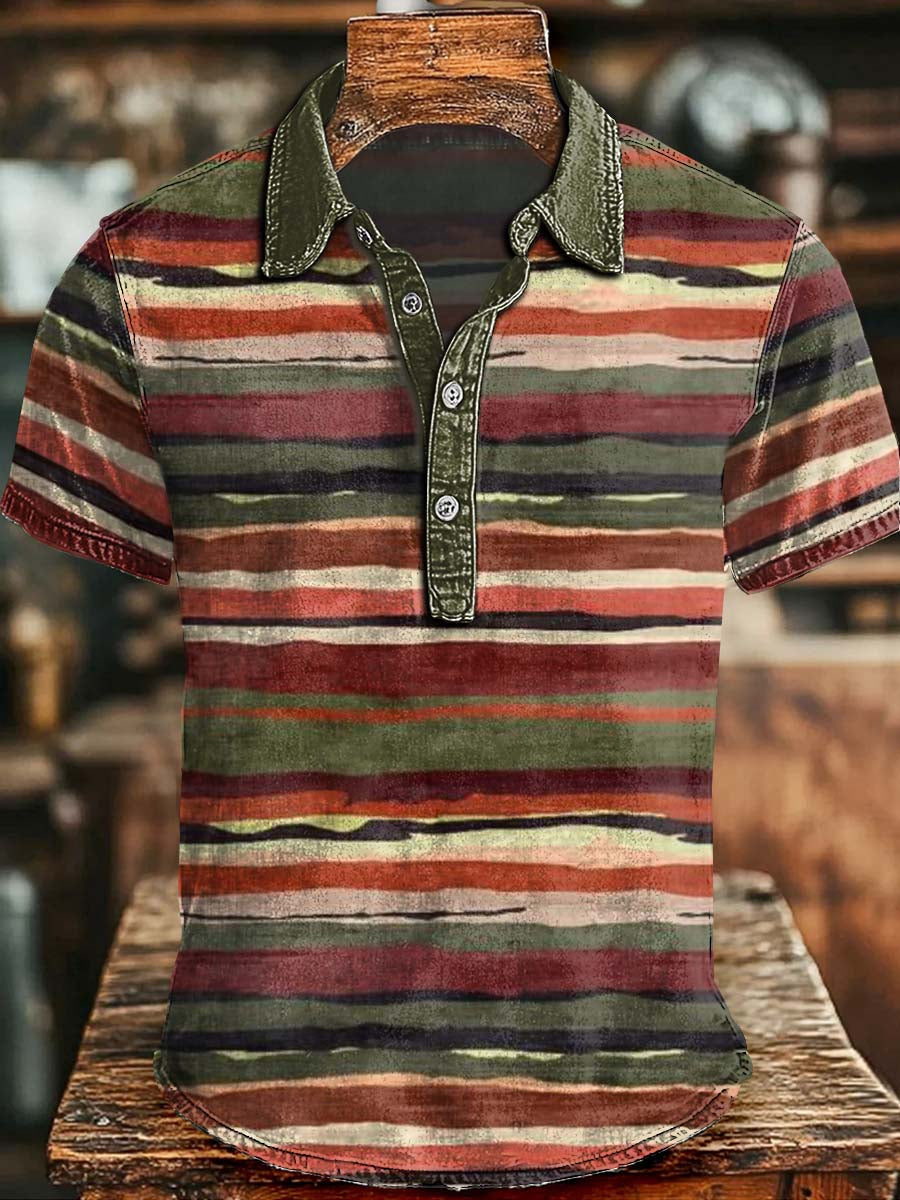 Western Retro-Stripe Print Casual Short-Sleeve Polo Shirt