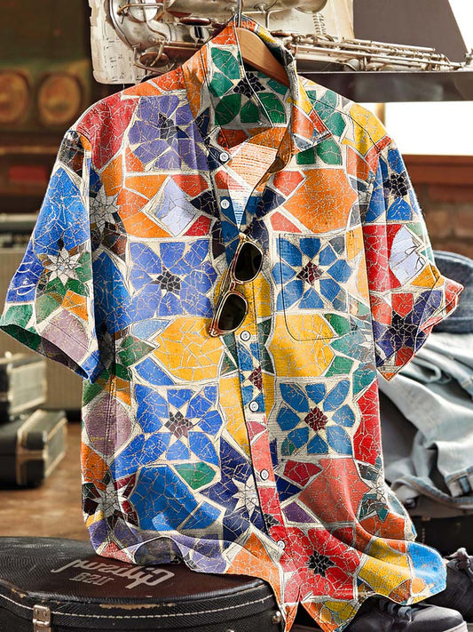 Moroccan Mosaic Print Casual Short-Sleeve Shirt